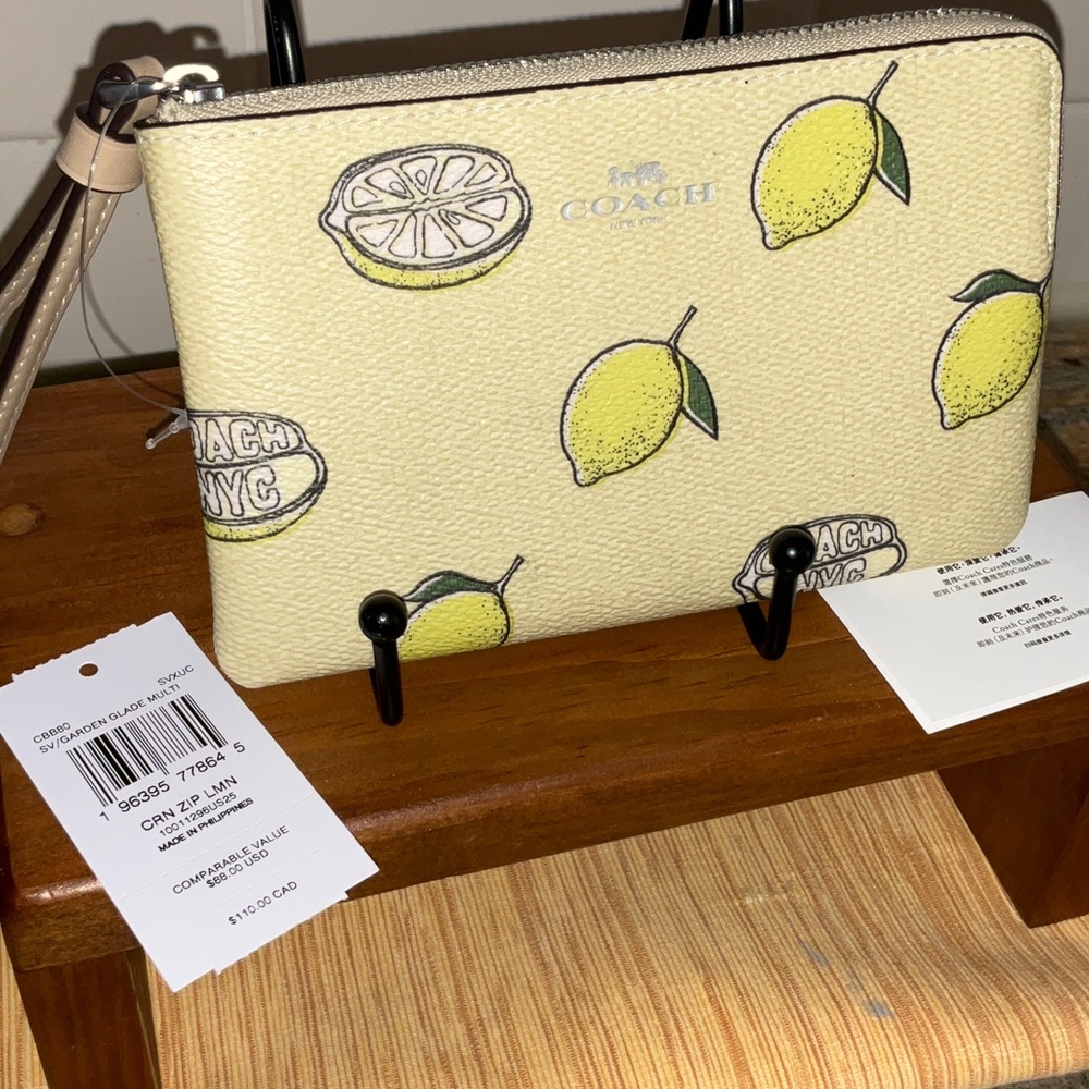 Coach Lemon Print Wristlet - Yellow and Cream